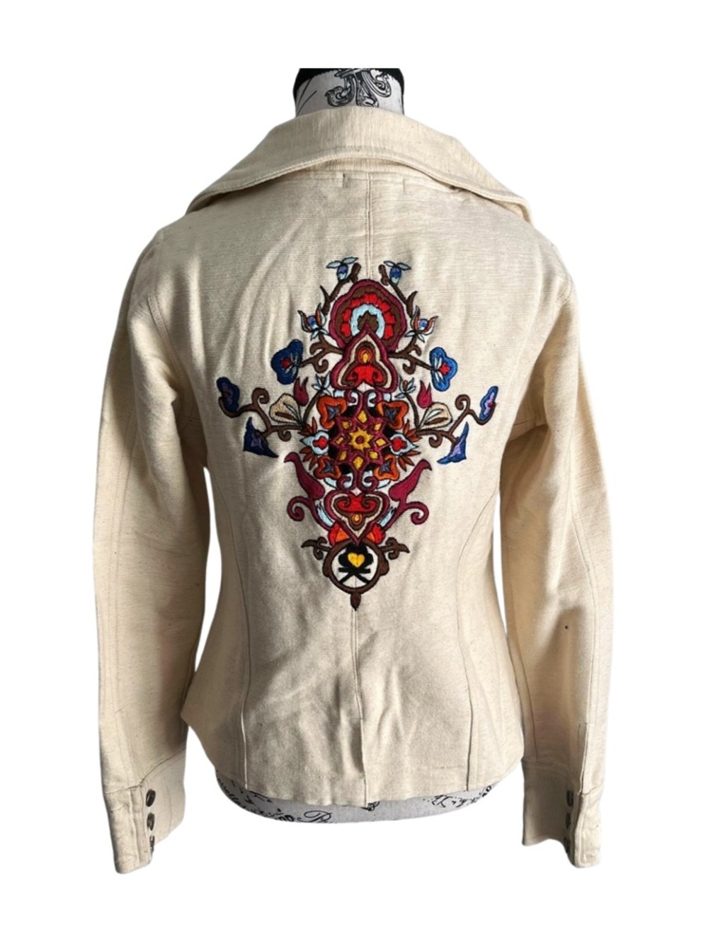 Roxy Lama Embroidered Jacket Cream Beige Boho Folk Art Nepal Cotton Size Medium